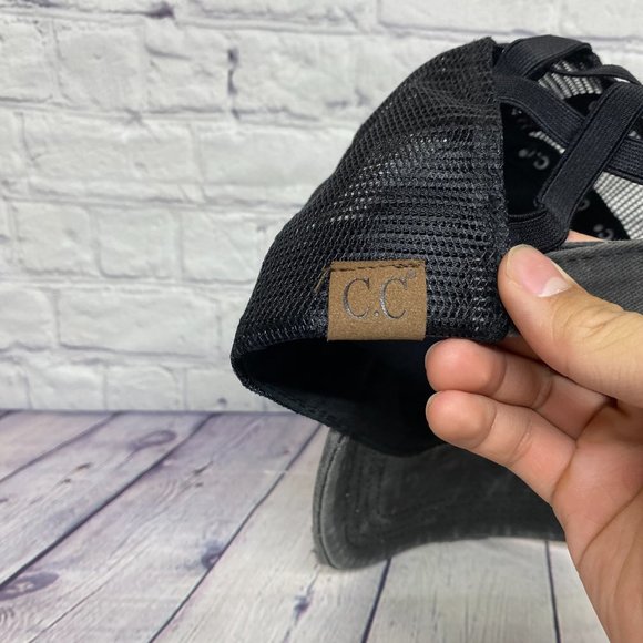 Pony Tail Women Hat Cap Strap Back Gray Distressed Mesh Back C.C. Ladies - Picture 7 of 9